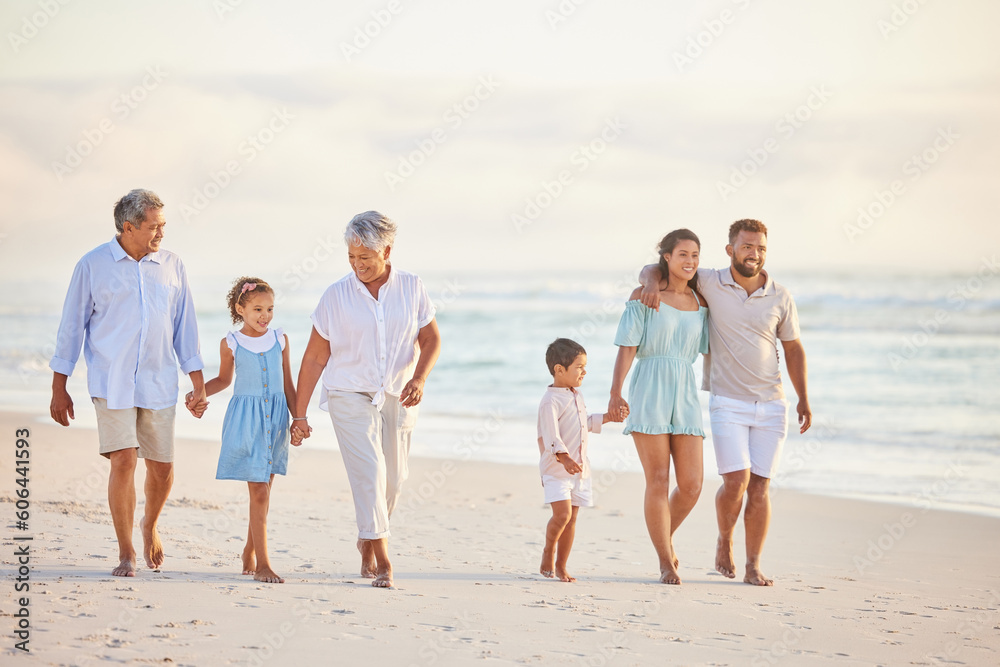 Family, holding hands and walk on beach, generations and people travel together, grandparents and parents with kids. Love, care and men with women and children outdoor, tourism and vacation in Mexico