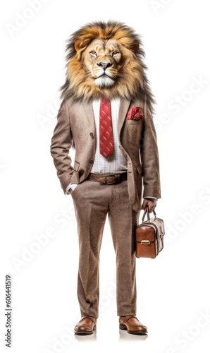 Lion dressed in a suit like a businessman, isolated on white (generative AI)