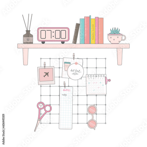 Grid wall mood board inspiration. Shelf with books, timer, plant, aroma diffuser. Flat vector illustration