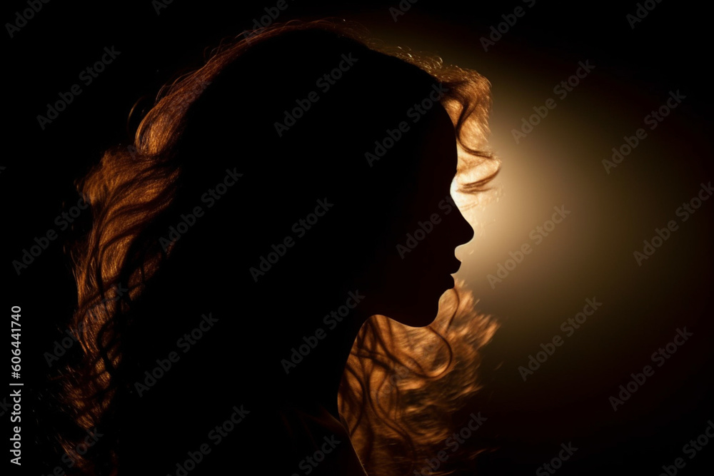 Silhouette of woman's head with waving hair back light,
