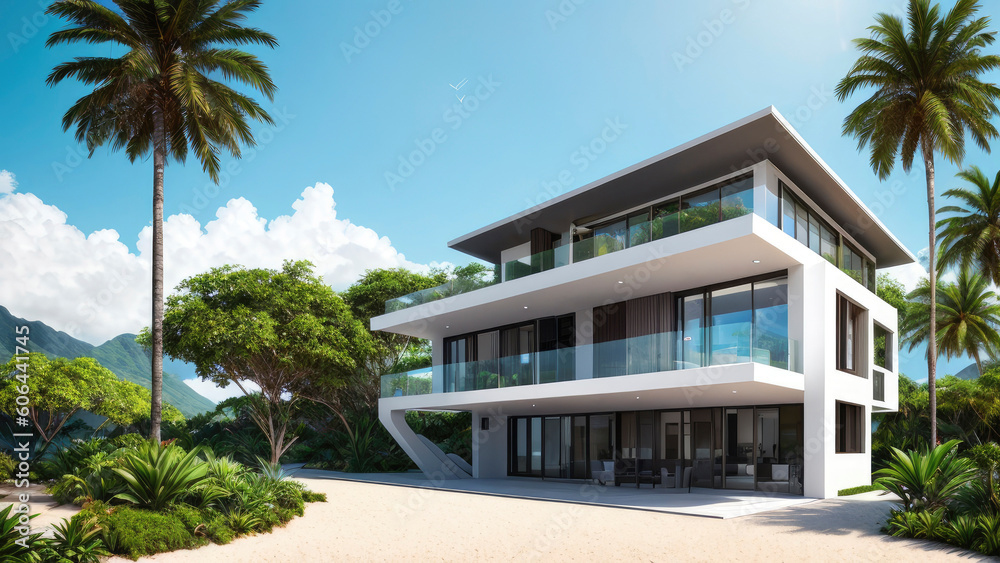 Modern technological home on the tropical island, concept of eco-frendly house Modern technological home on the tropical island, concept of eco-frendly house