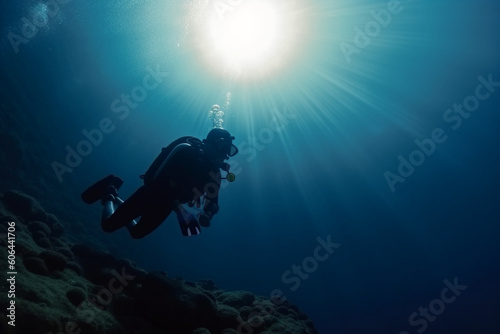 Technical scuba diver in a horizontal position with sun rays blue background, High quality photo, Can be used as a background for a banner