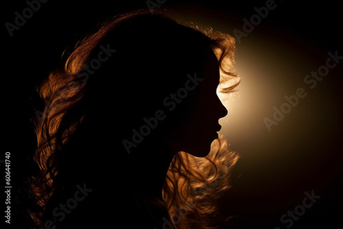 Silhouette of woman's head with waving hair back light,