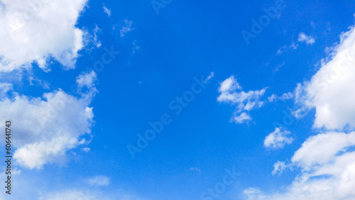 blue sky background with white clouds, soft focus, and copy space.