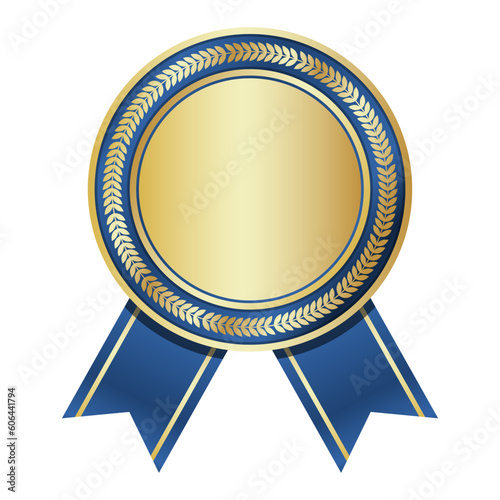 Golden medal with blue ribbon. Gold badge with blue ribbon. Blank gold medal. Champion and winner awards sports medal. Vector illustration