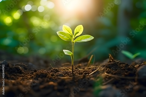 Young Green Plant growing under morning sunlight with bokeh, organic, sustainability, environment, ecosystem, earth day, development concept. Generative AI