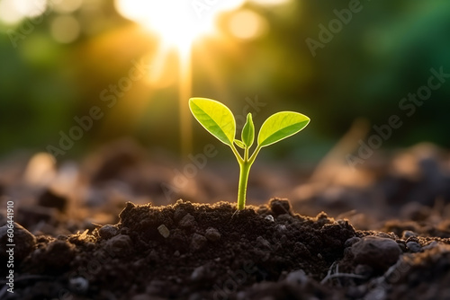 Young green sprout growing under morning sunlight, organic, sustainability, protect environment, save ecosystem, earth day, development concept. Generative AI