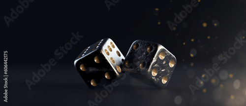 Two black dice are falling on a dark gray background, Photo with bokeh, copy space on left