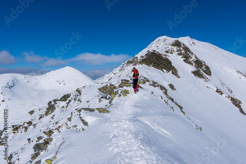 Active woman snow shoe hiking on a trail with scenic view on snow capped mountain peaks of West Tatras mountain in Slovakia, Europe. Julian Alps. Sunny winter day. Freedom. © Martin