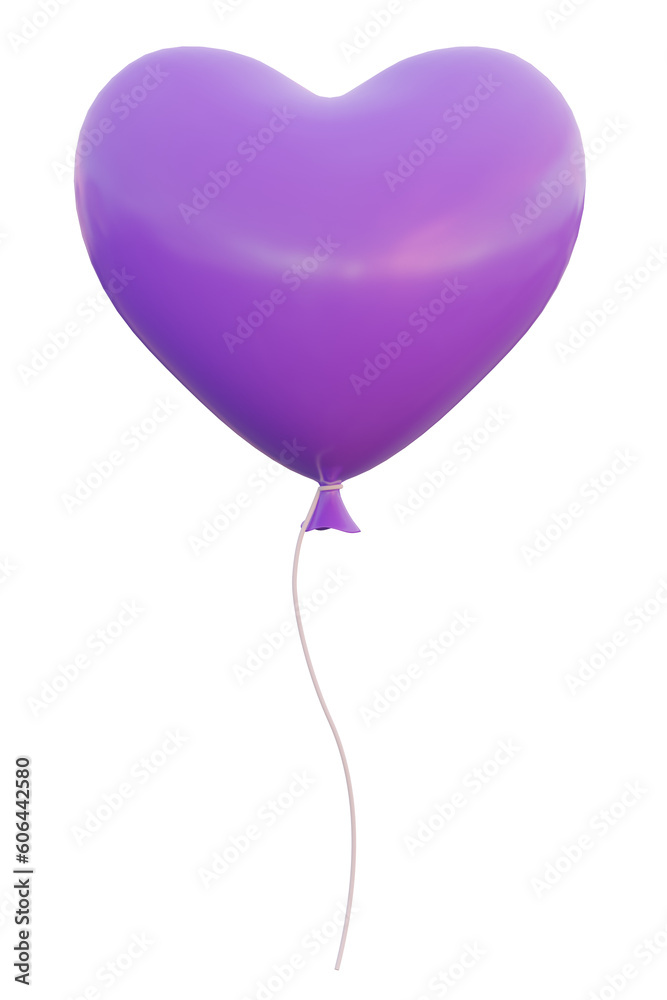 3d illustration of a purple heart shape balloon tied with white rope.