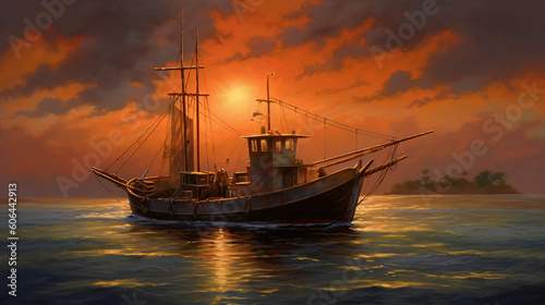 Evening fishing boat, Generative Ai
