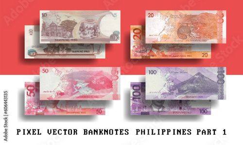 Vector set of pixelated mosaic Philippines banknotes. Notes in denominations of 10, 20, 50 and 100 piso. Part one.
