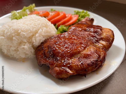 Chicken Rice Air Fried Grilled Chicken Chop Tomato Green Coral Lettuce Healthy Fitness Meal White Round Plate