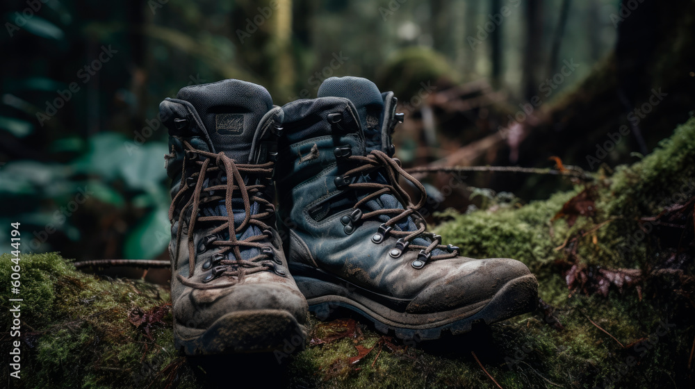 Trekking boots stand in the forest Trekking boots stand in the forest