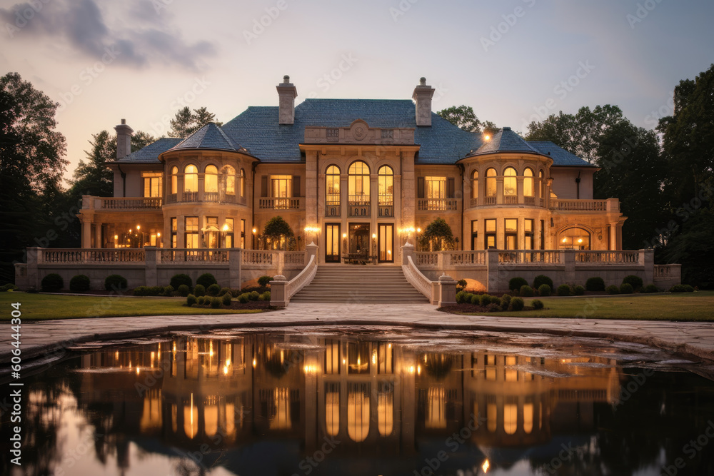 a stately mansion with illuminated windows, casting warm light onto the surrounding landscape - Generative AI