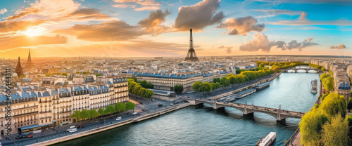 a panoramic view of Paris with the Eiffel Tower in the center, the Seine River in the foreground - Generative AI