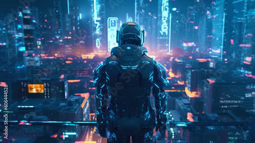 illustration of a robot on the background of a fantastic city of the future