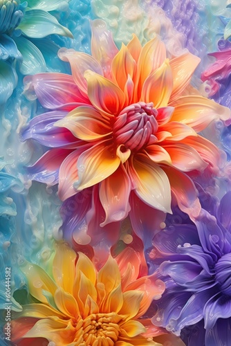 multicolored decorative background with close-up flowers and liquid paint, ai generated image