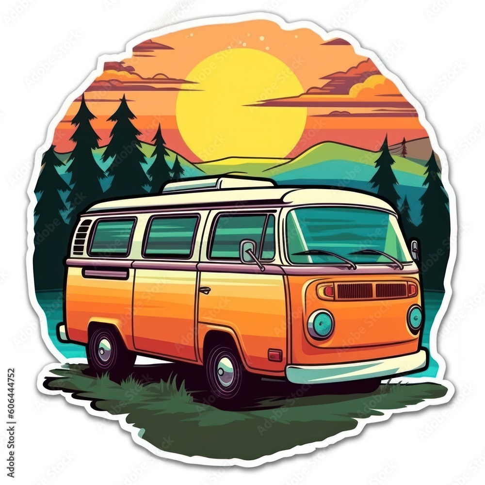 sticker with old classic camper van with the landscape as a background, ai tools generated image