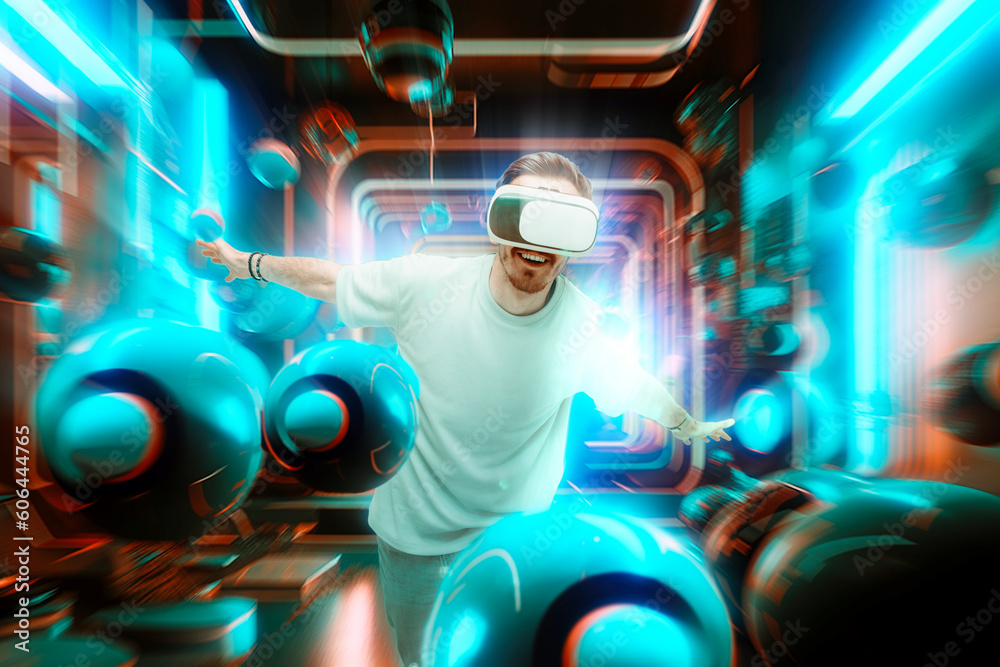 A man wearing a VR glasses is immersed in a futuristic digital environment, surrounded by virtual cosmic balls, creating an otherworldly experience.