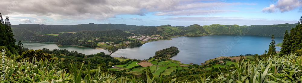 View of Sete Cidades near Miradouro da Grota do Inferno viewpoint, Sao Miguel Island, Azores, Portugal