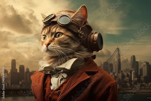 cat as jules verne voyage famous character illustration generative ai photo