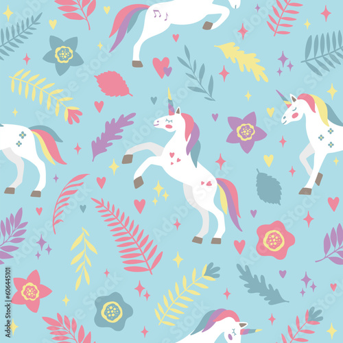 Seamless vector pattern with cute unicorns on a floral background. Ideal for textiles, wallpapers or prints.