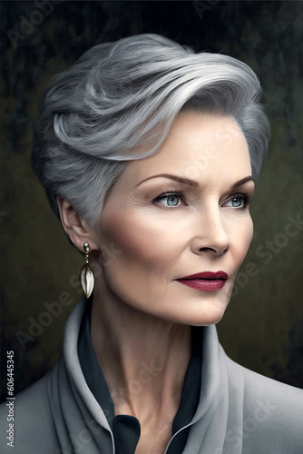 Elegant middle aged woman with fashion short haircut. Generative AI.