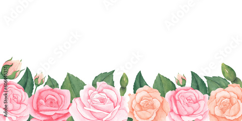 watercolor pink peach pastel roses flowers with leaves and bud.Illustration for greeting cards  frame  invitations