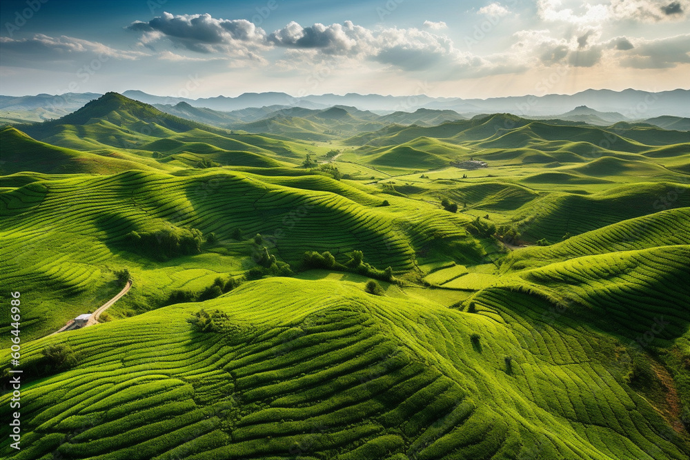 Aerial drone view of the endless green fields and hills of the countryside. Generative AI Aerial drone view of the endless green fields and hills of the countryside. Generative AI