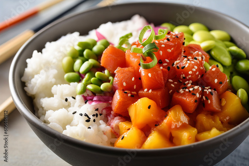 A colorful bowl of poke, a Hawaiian-inspired dish featuring cubed raw fish. (Generative AI)