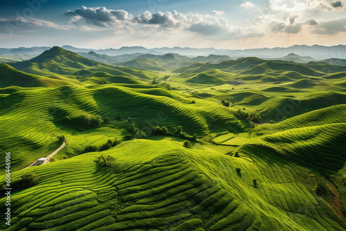 Aerial drone view of the endless green fields and hills of the countryside. Generative AI 