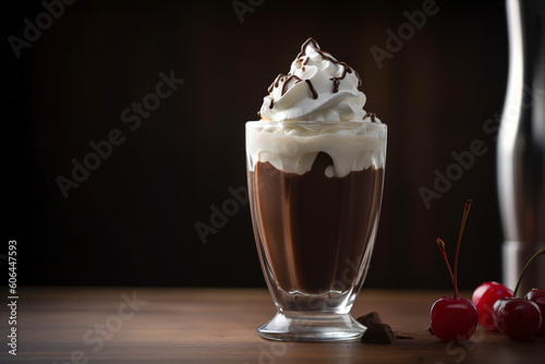 A milkshake featuring a blend of rich ice cream and chocolate syrup, topped with whipped cream and a cherry. (Generative AI)