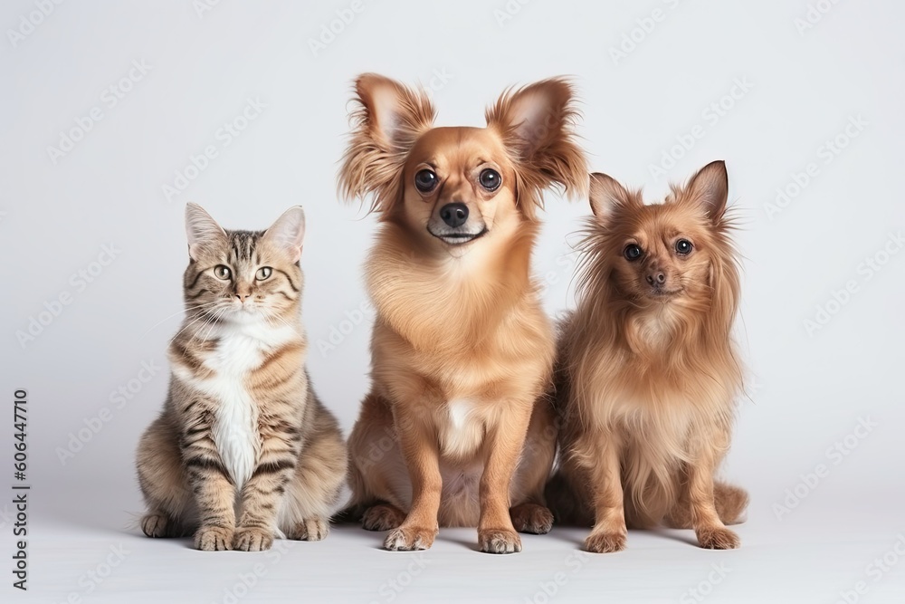 Cute cat and small chihuahua dogs are sitting on a light background. Generative AI