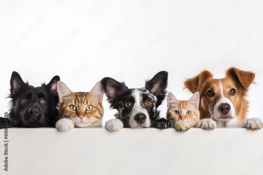 Cute and funny dogs and cats peeking out from behind a white blank banner. Concept for advertising a veterinary clinic or pet supplies. Generative AI