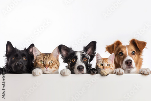 Cute and funny dogs and cats peeking out from behind a white blank banner. Concept for advertising a veterinary clinic or pet supplies. Generative AI