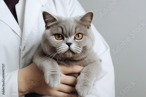 Portrait of gray british shorthair cat in the arms of a veterinarian. Generative AI © OleksandrZastrozhnov