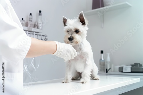 White Cairn terrier dog on examination at the veterinarian on a white table. Veterinarian in a uniform and latex gloves. Generative AI photo