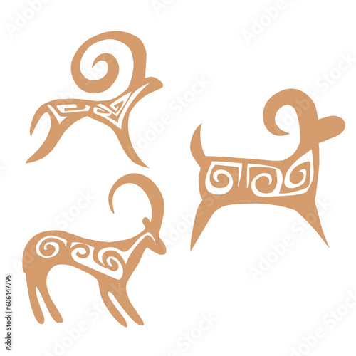 Stylised kazakh petroglyphs of animals, goats and sheeps, and a hunter with pattern