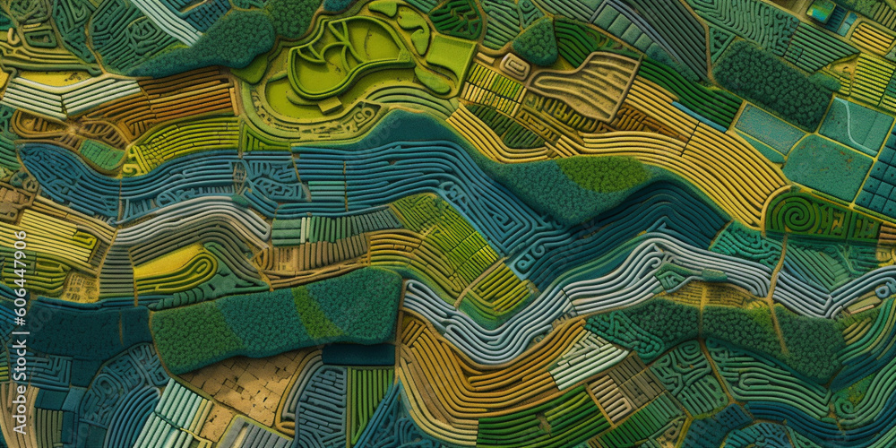 Obraz premium Aerial drone view of the endless green fields and hills of the countryside. Generative AI 