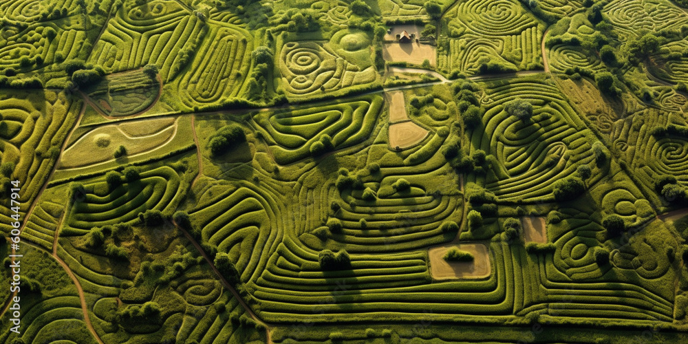 Aerial drone view of the endless green fields and hills of the countryside. Generative AI	