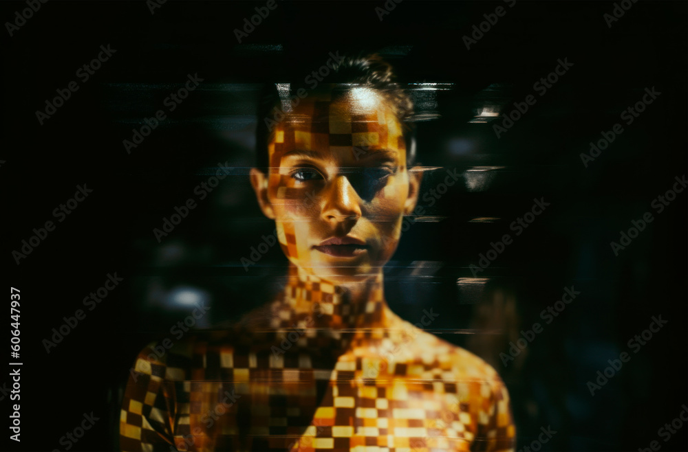 Surreal Portrait of a Lady. Surreal Lights on Woman. Club Portrait. Generative AI. 
