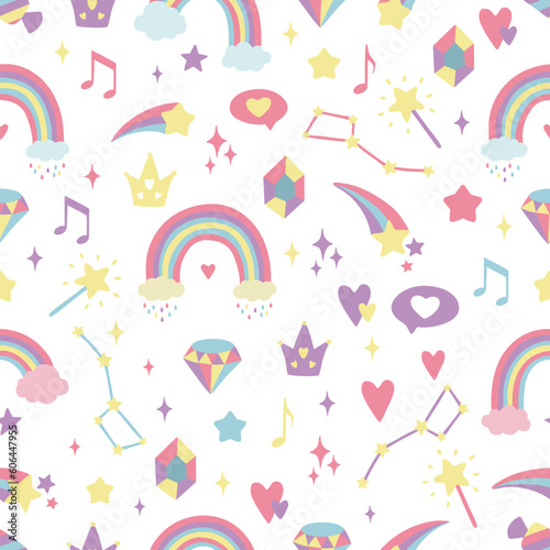 Seamless background with hearts, rainbows, stars, diamonds, crowns. Creative background for nursery. Perfect for kids design, fabric, packaging, wallpaper, textile, apparel.