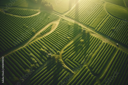 background of stacked images of green fields from a drone. Generative AI 