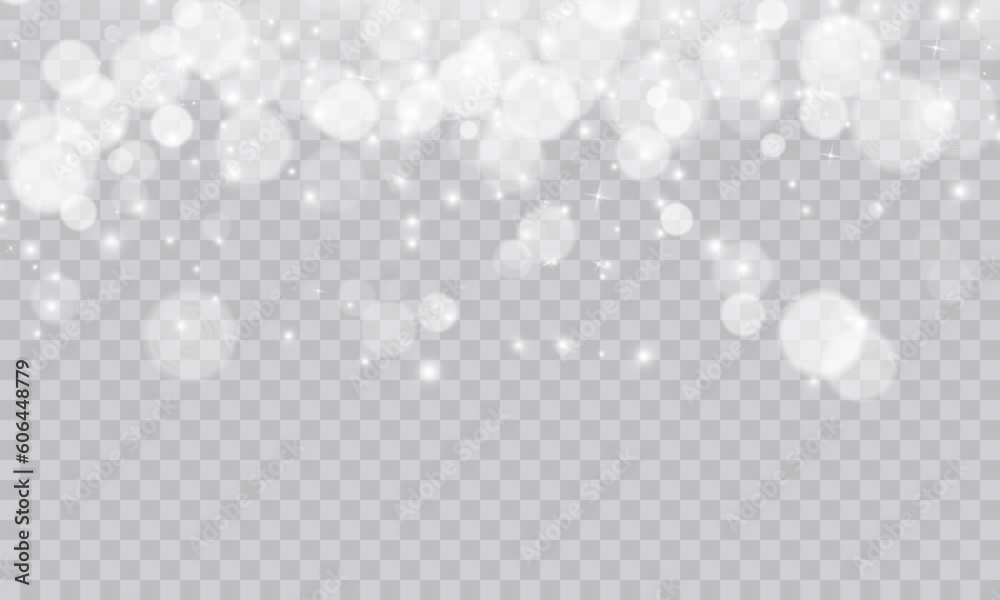 Shimmering Dust. Bokeh Lights. Festive Designs.White png dust light. Bokeh light lights effect background. Christmas background of shining dust. Christmas glowing light confetti and spark overlay