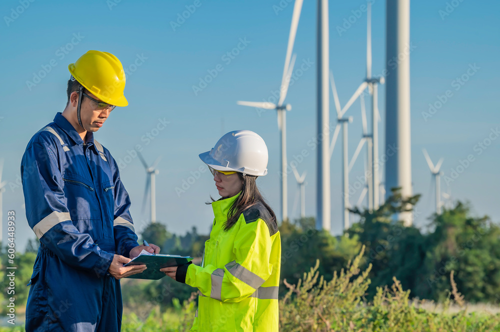 Two engineers working and holding the report at wind turbine farm Power Generator Station on mountain,Thailand people,Technician man and woman discuss about work Two engineers working and holding the report at wind turbine farm Power Generator Station on mountain,Thailand people,Technician man and woman discuss about work
