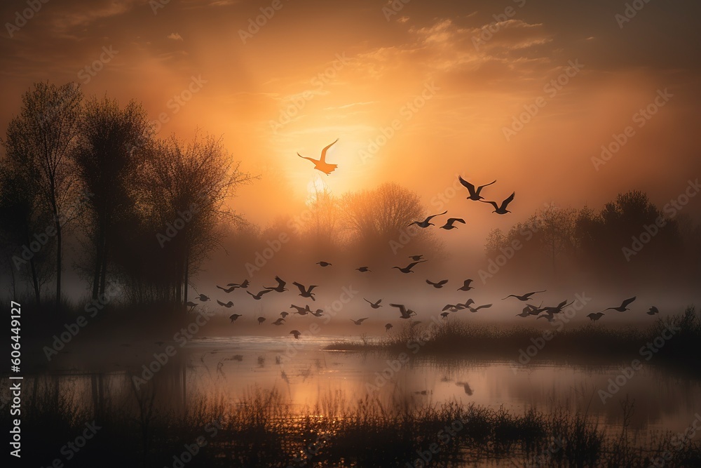 A flock of cranes taking flight over a misty lake at sunrise, generate ai