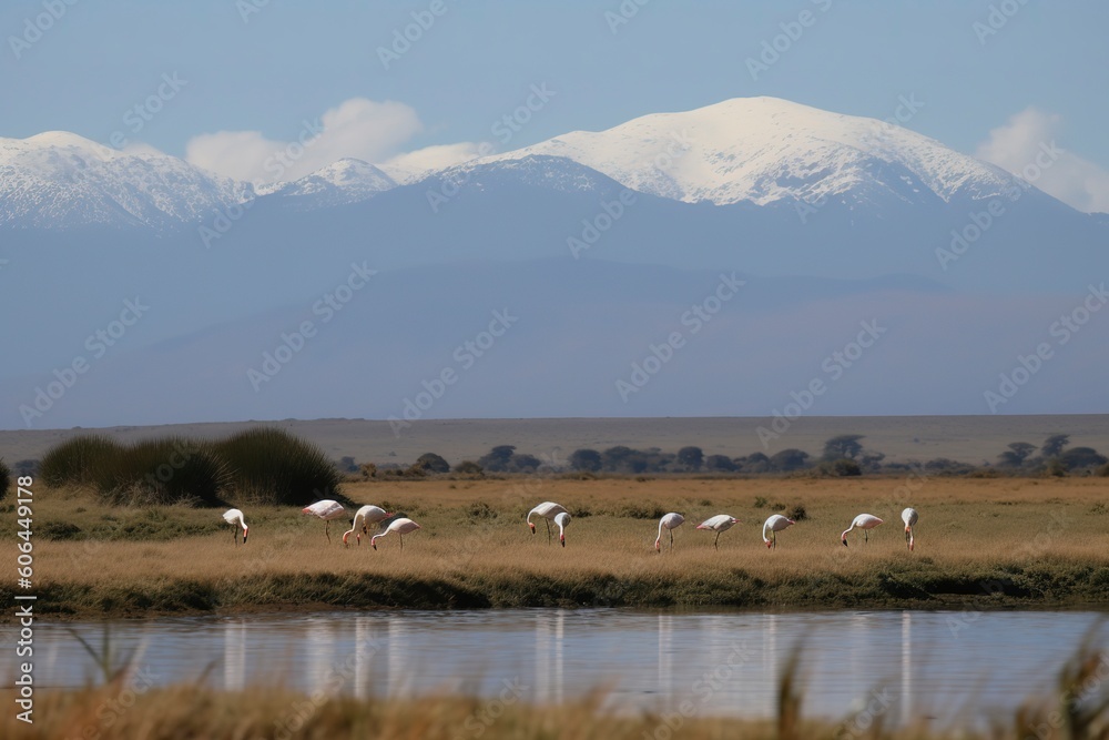 A group of flamingos wading through a lush wetland with mountains in the background, generate ai