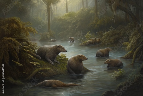 A family of platypuses swimming in a river surrounded by a dense forest, generate ai