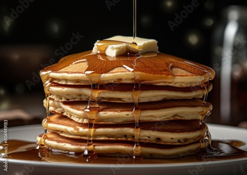 stack of pancakes with a pat of butter melting on top and maple syrup drizzling down photo